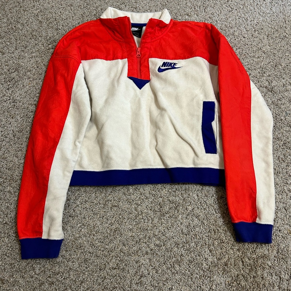 Nike Cropped V-Neck Zip Up Pullover Fleece Jacket Cream Orange Blue Size Small